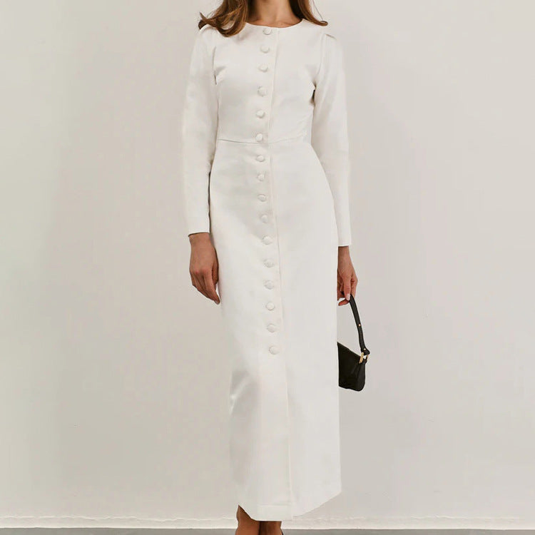 White Button Long Sleeve A-Line Maxi Dress