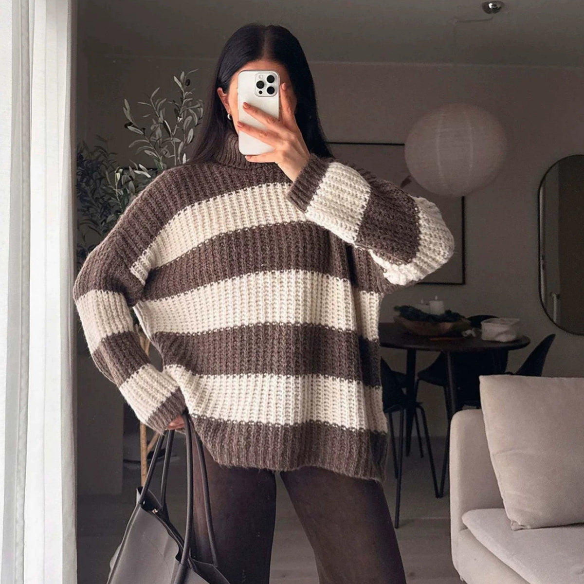 Women's Striped Turtleneck Knit Sweater