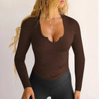 Women's V Neck Design Slim Fit Solid Color Comfortable Autumn Top Long Sleeve Women