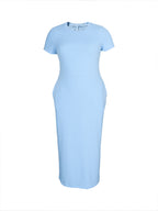 Light blue ribbed knit short-sleeve midi dress, crew neck, fitted waist.