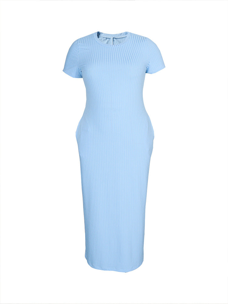Light blue ribbed knit short-sleeve midi dress, crew neck, fitted waist.