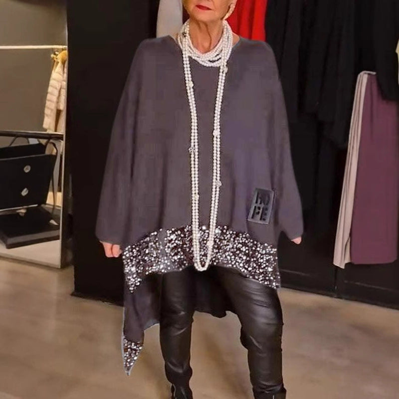 Women's Autumn Loose Irregular Asymmetric Hem Sequin Stitching Round Neck Long Sleeve Top