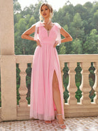 Women's Mesh Lace-Up High Slit A-Line Maxi Dress