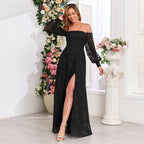 Women's Black Off Shoulder Long Sleeve Chiffon Embroidered Evening Dress High Slit Fully Lined Party Dress