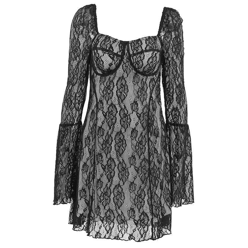 Black Lace Square-Neck Puff-Sleeve Dress