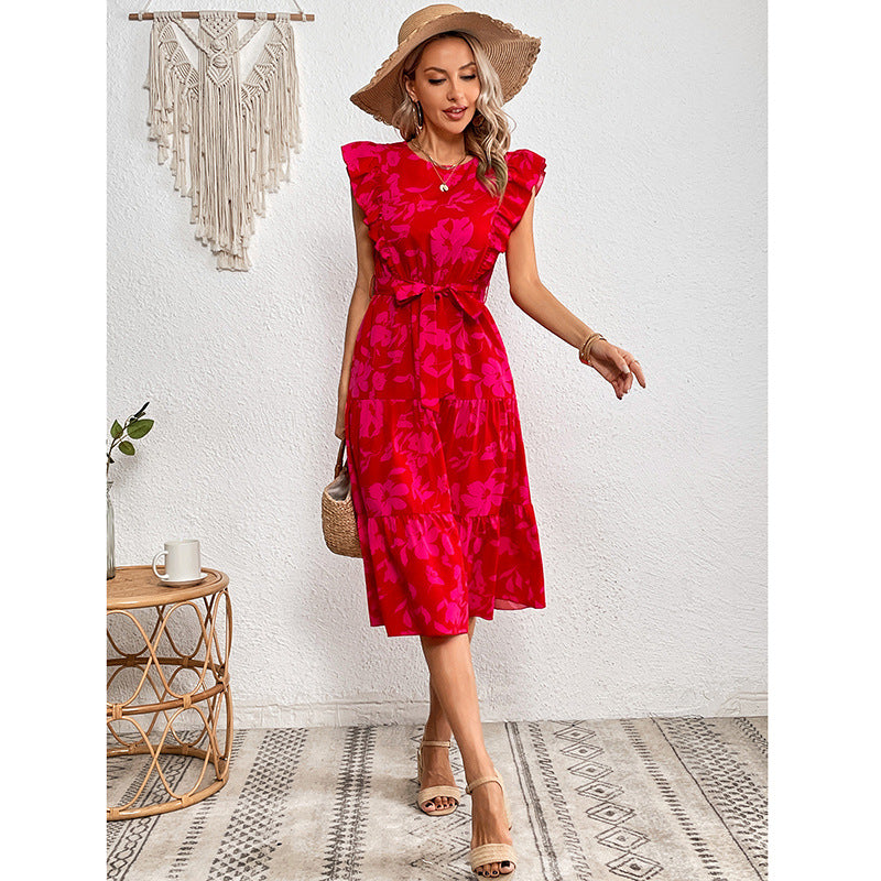 Summer Printed round Neck Ruffled Short-Sleeve One Piece Dress