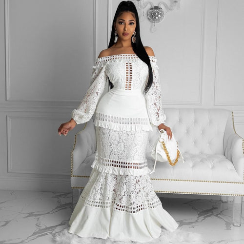 Spring Summer Women Clothing Lace Dress off Shoulder Lotus Leaf Wedding Party Cocktail Dress