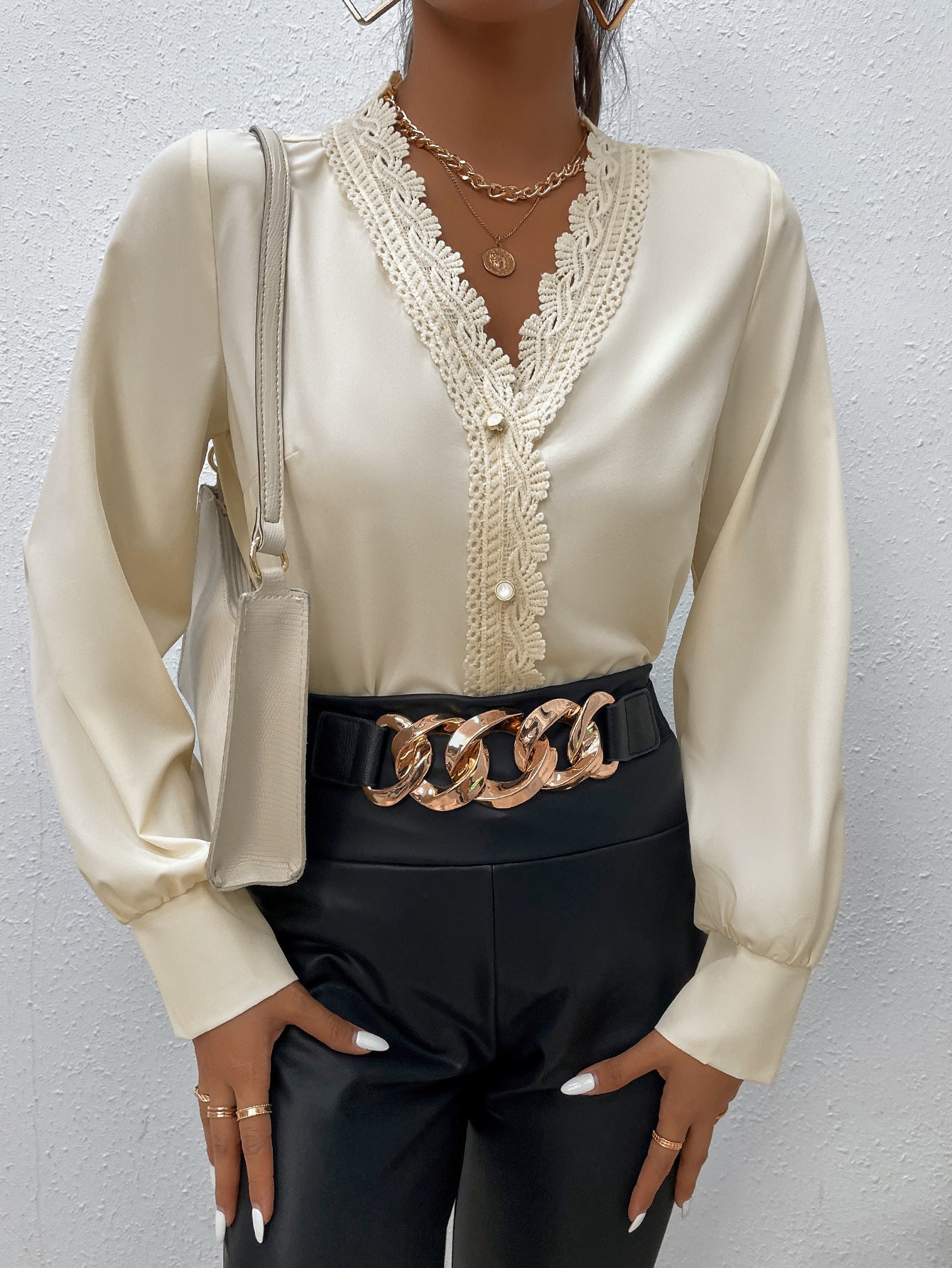 Women's Fall Women Clothing Simple Elegant Eyelash Lace Stitching V Neck Shirt Women