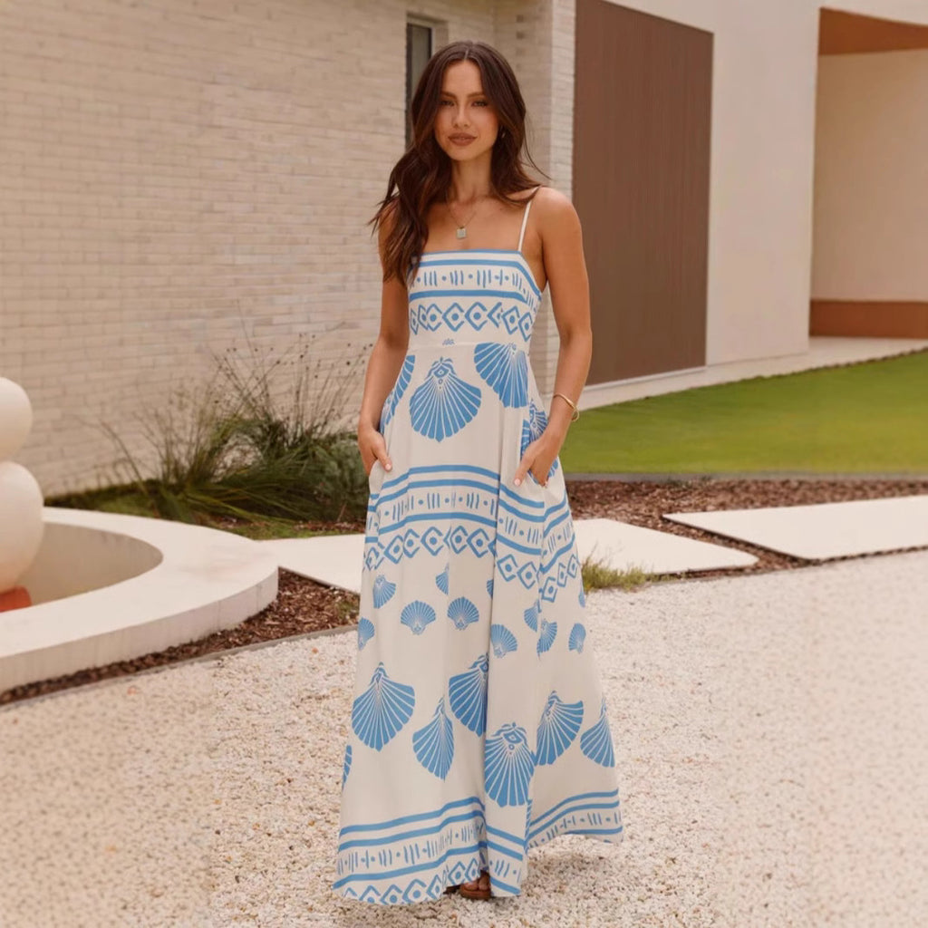 Summer Shell Print High Waist Swing Sling Maxi Dress