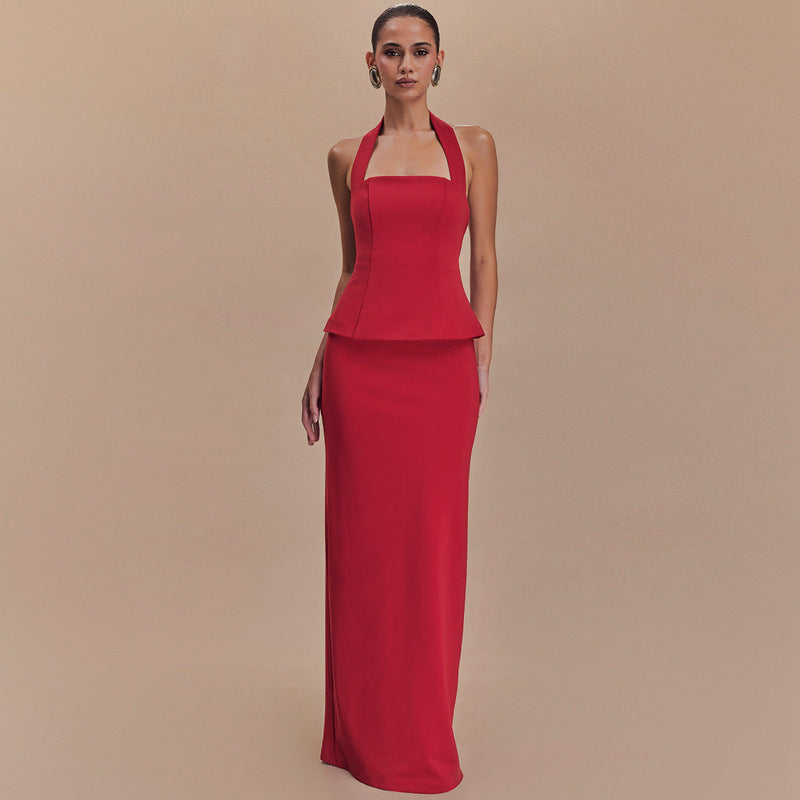 Women's Halter Backless Maxi Two-Piece Dress Set