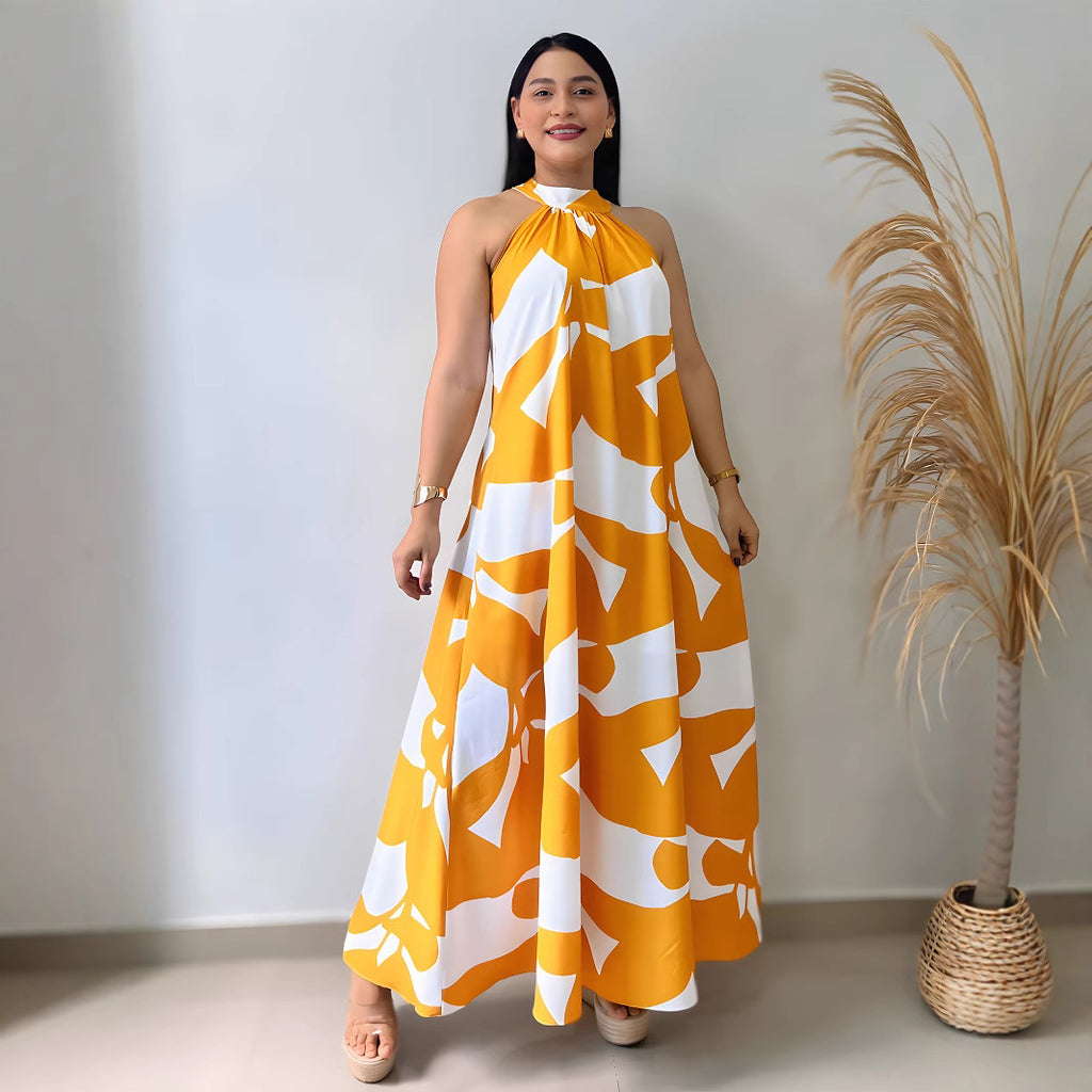 Women's Belted Printed Halter Maxi Dress
