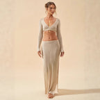Summer Vacation Knitted Two Piece Long Sleeve V neck Top Split Skirt Set Women