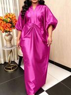Magenta satin maxi pleated dress, V-neck, gathered waist, batwing sleeves