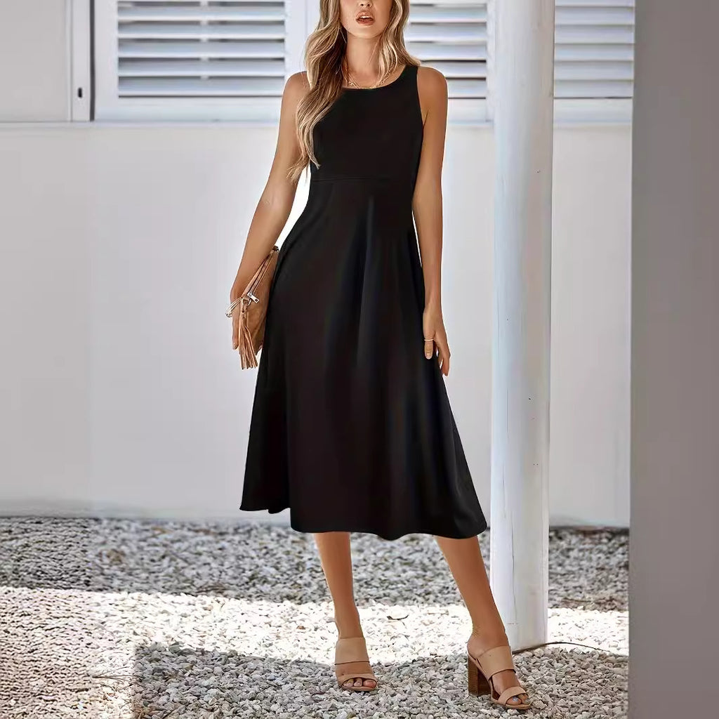 Women's Sleeveless Crew-Neck A-Line Midi Dress