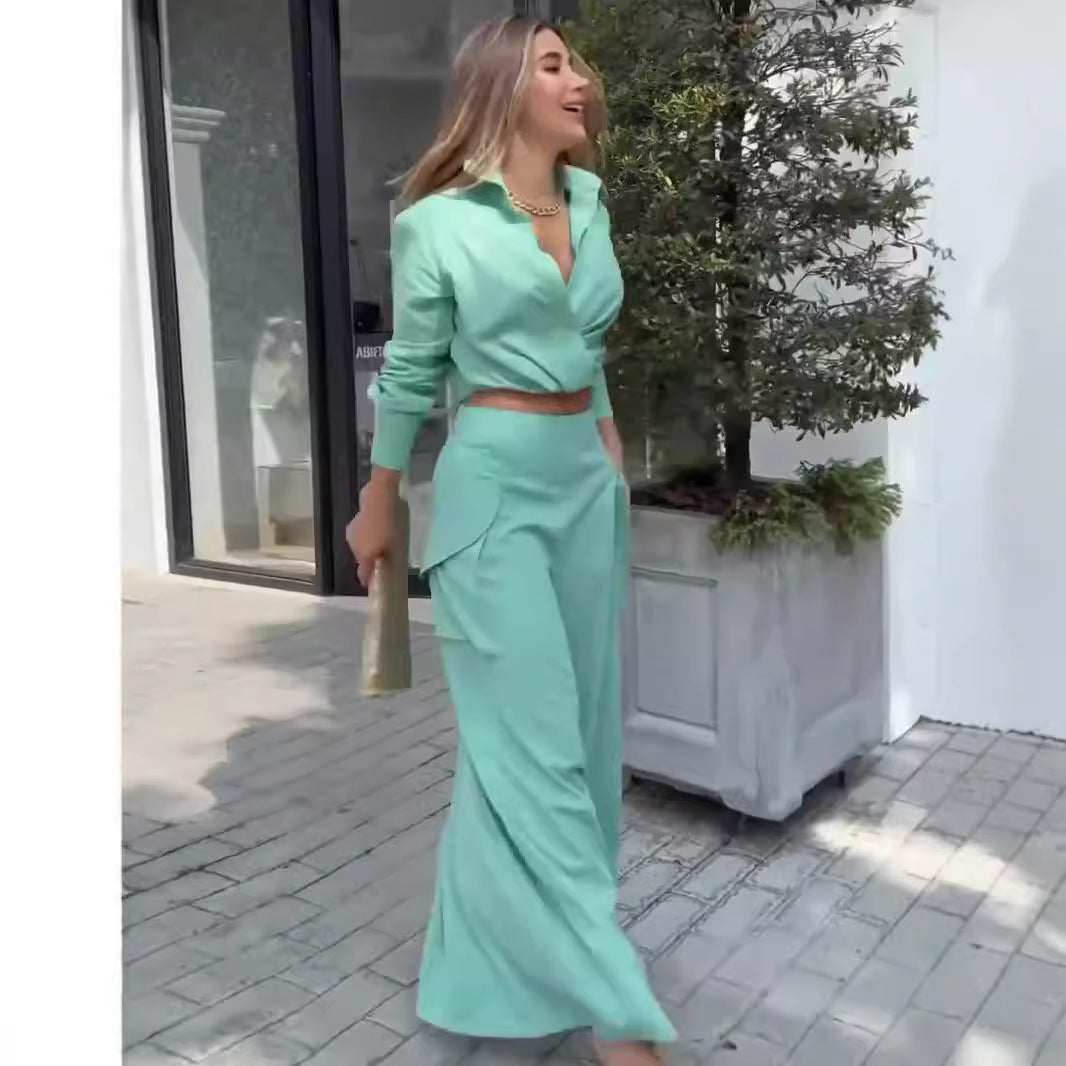 Elegant Long-Sleeve Top & Wide-Leg Pants Two-Piece Set