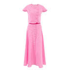 Women's Pink Cotton V-Neck Two-Piece Skirt Set