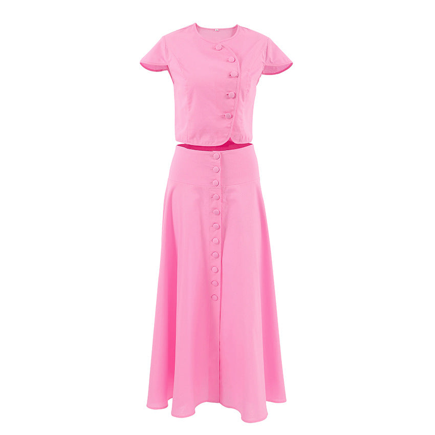 Women's Pink Cotton V-Neck Two-Piece Skirt Set