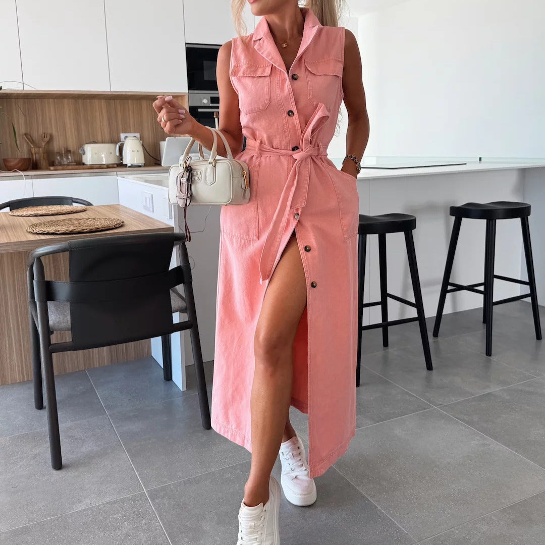 Sleeveless Long Tie Waist Single Breasted Denim Dress