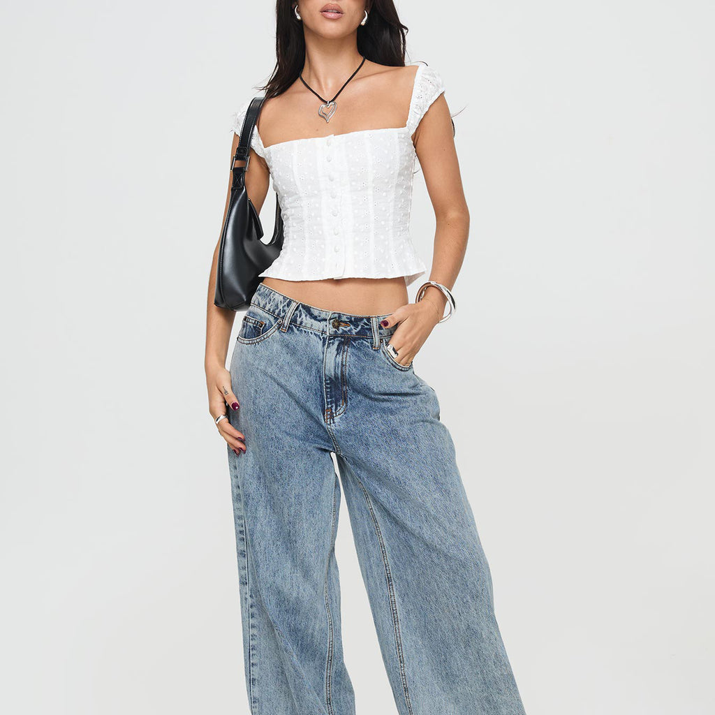 Polka Dot Button Square Neck Cropped Top