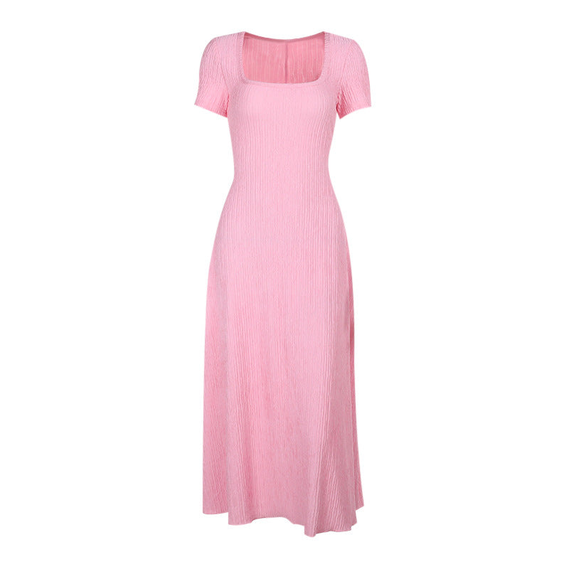 Short-Sleeve Square-Neck Lace-Up A-Line Summer Dress