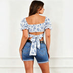 Square Collar Puff Sleeve Floral Short Top Women Back Strap