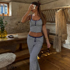 Casual Homewear Striped Contrast Color Breasted Sling Top Trousers Pajamas