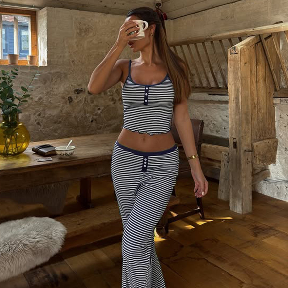 Casual Homewear Striped Contrast Color Breasted Sling Top Trousers Pajamas