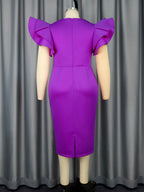Rhinestone V-Neck Ruffle-Sleeve Midi Dress