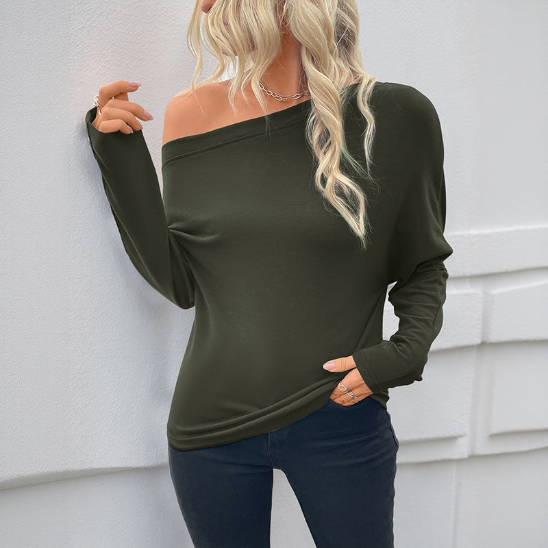 Women's Diagonal Collar Long Sleeve Solid Color T-Shirt
