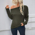 Women's Diagonal Collar Long Sleeve Solid Color T-Shirt