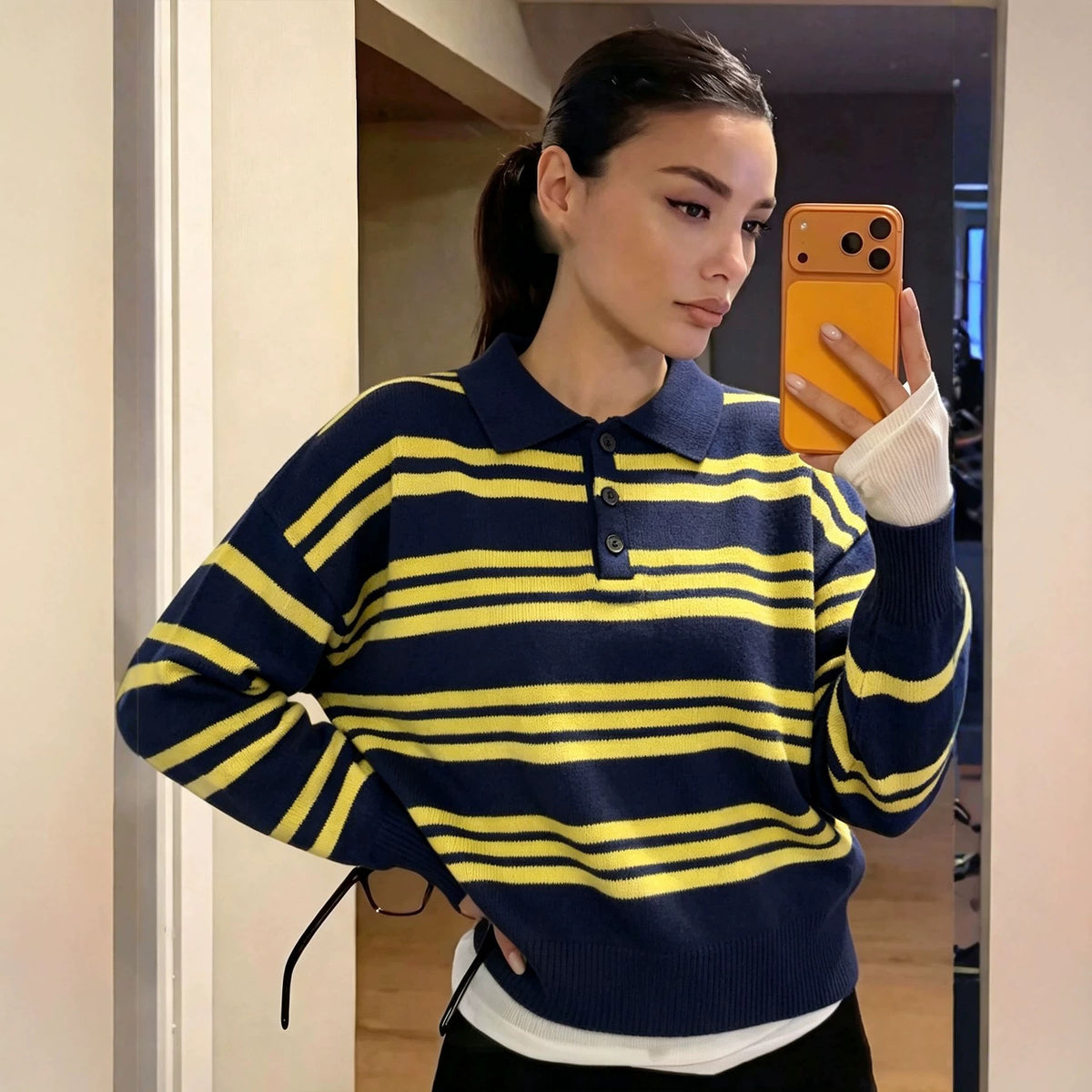 Women's Striped Polo-Collar Knit Sweater