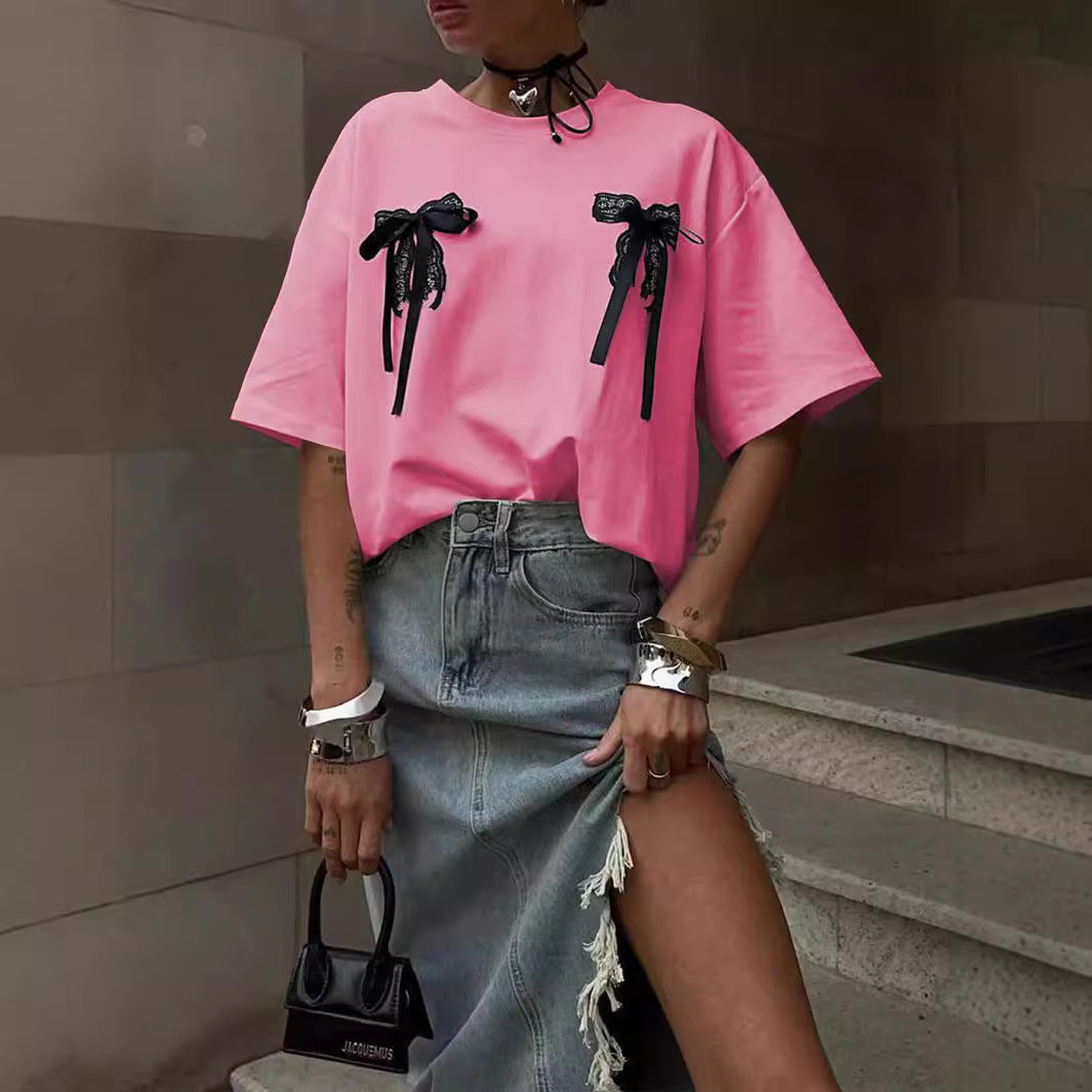 Bowknot Stitching Loose Casual Short Sleeve Round Neck Lazy Casual Summer T Shirt Women