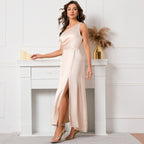 Women's Slant Shoulder Half Open Backless Satin Sleeveless Formal Ball Dress