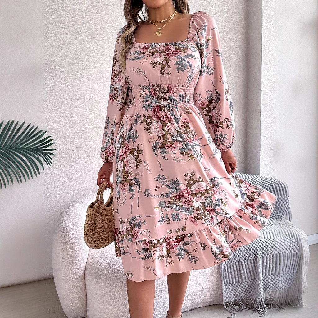 Spring Summer Elegant Floral Square Collar Long Sleeve Waist Trimming Ruffles A-Li