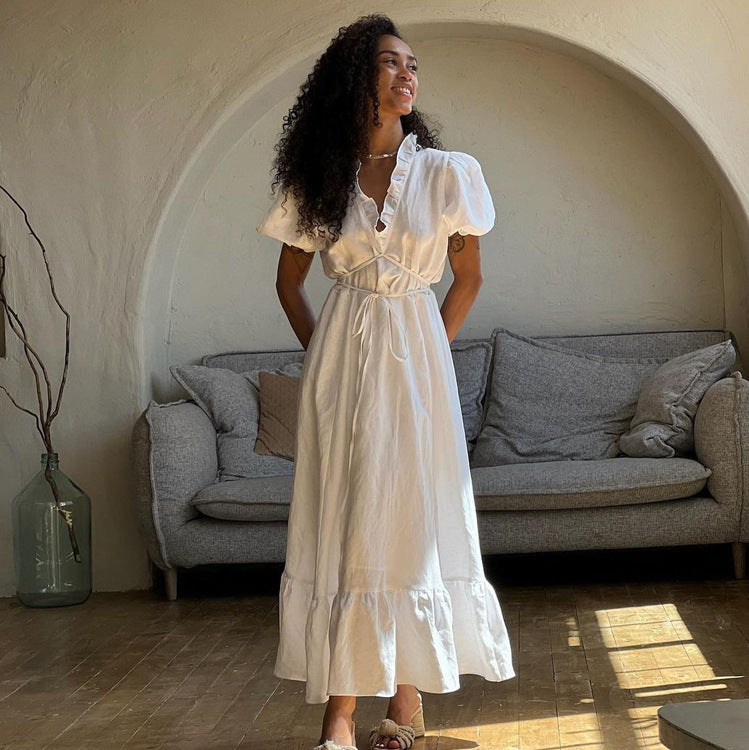 White V-Neck Lace-Up Dress