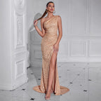 Women Sexy High Split Dress Oblique Shoulder Gorgeous Party Dinner Dress