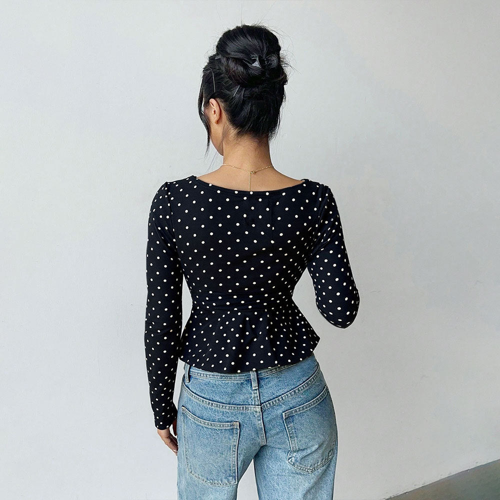 Women's Retro Polka Dot V-Neck Long Sleeve Top