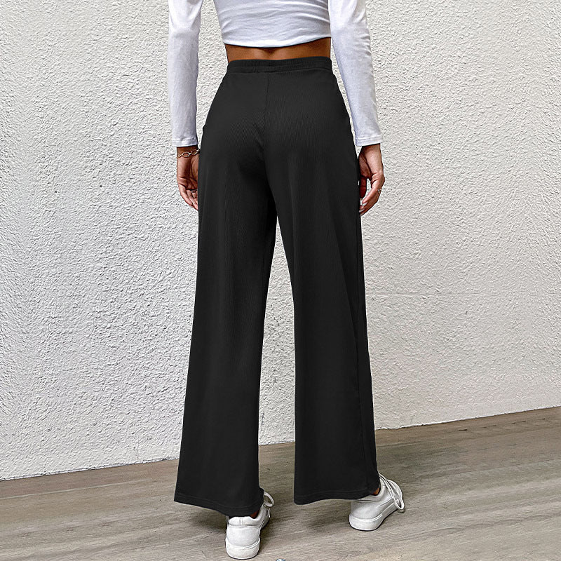 Solid Color Rib Fabric Wide Leg Pants