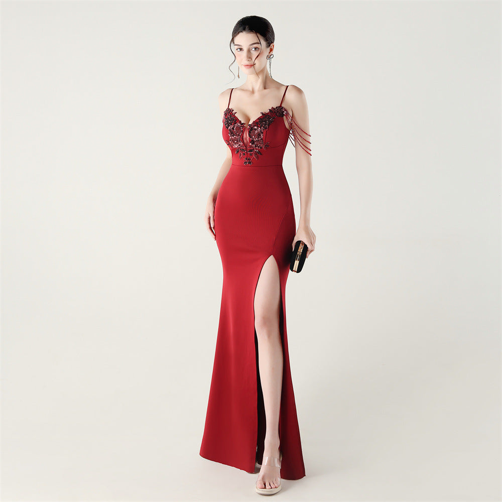 Women's Beaded Corset Satin Evening Dress