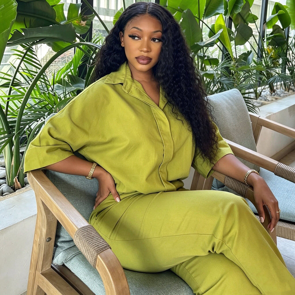 's Loose Shirt Solid Color Shirt Straight Leg Trousers Two-Piece Set
