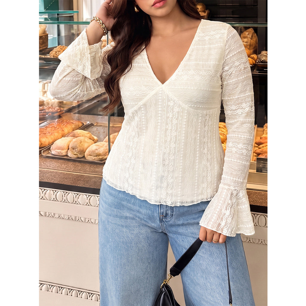 Women's Lace V-Neck Bell-Sleeve Top