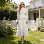 Women's Stand-Collar Embroidered Lace Belted Long-Sleeve Maxi Dress