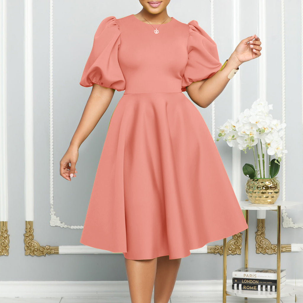 Short-Sleeve Crew Neck High-Waist Big Swing Cocktail Evening Dress