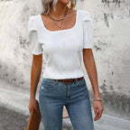 Women's Sunken Stripe French U Neck Slim Short- Leeved Tops T-Shirt
