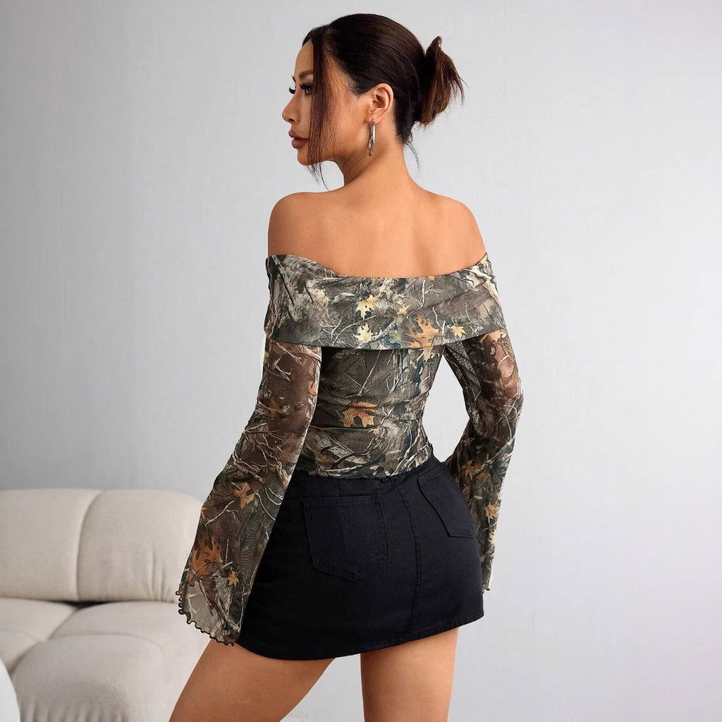 Printed Sheer Mesh Off-Shoulder Top