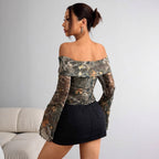 Printed Sheer Mesh Off-Shoulder Top