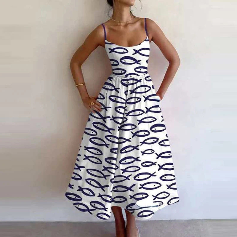 Women's Women's's Spring Printing Pleated Waist Tight Large Swing Sling Dress