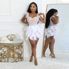 Women's V-Neck Beaded Feather Sequin Bodycon Mini Dress