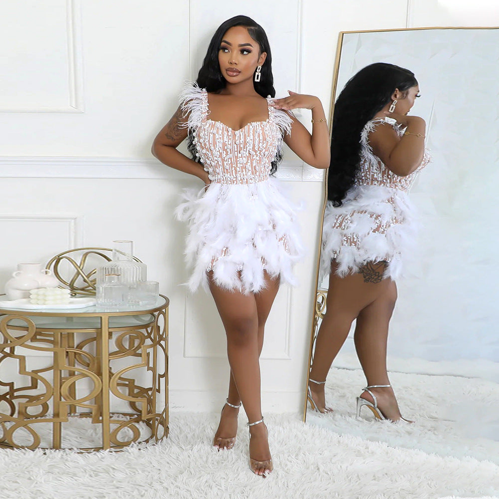 Women's V-Neck Beaded Feather Sequin Bodycon Mini Dress