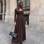 Women's Simple Retro Solid Color Square Collar Pleated Long Sleeve Dress
